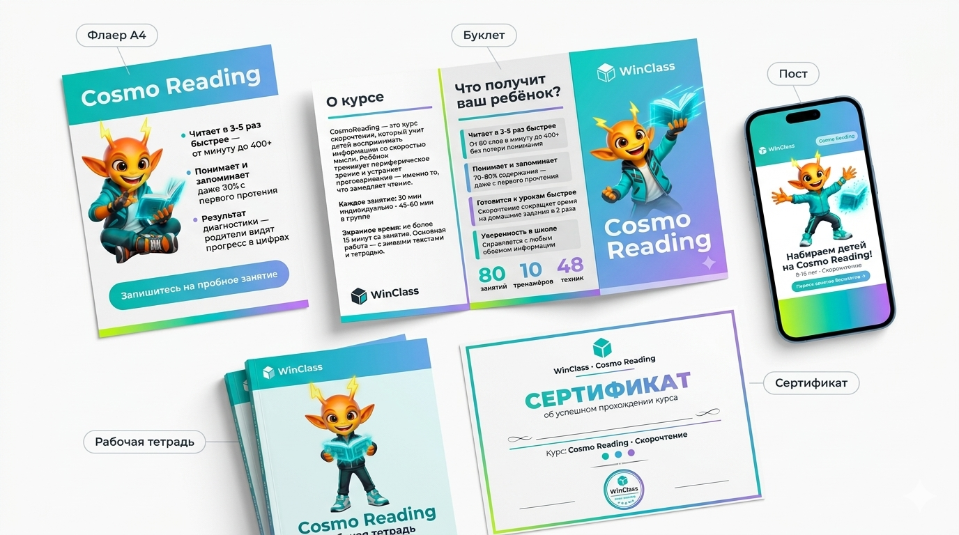 Бренд-пакет педагога Cosmo Reading — флаер, буклет, тетрадь, сертификат, визитка, посты